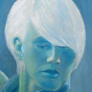 Vrouw in blauw.olieverf op canvasboard